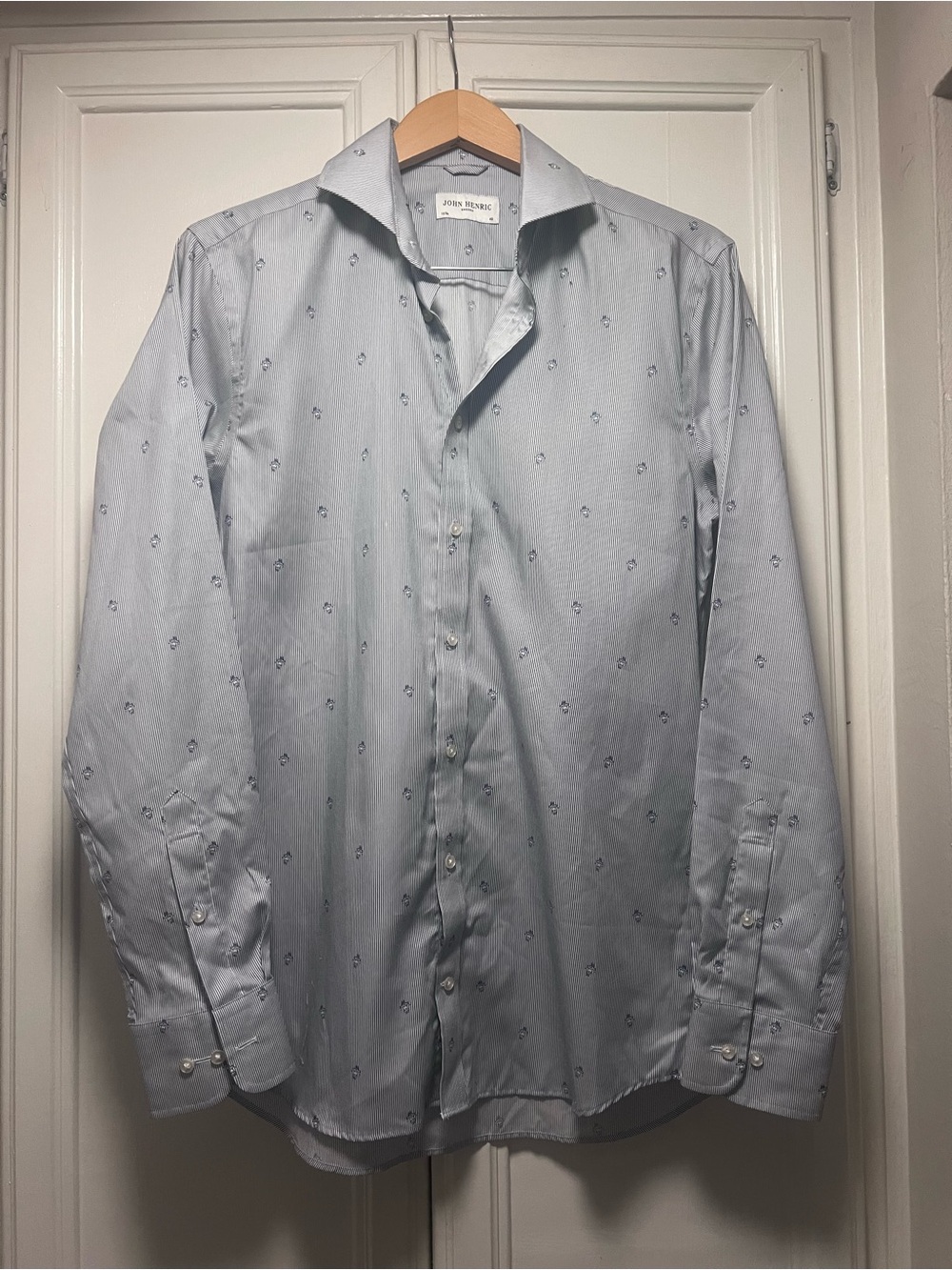 John Henric Button Down Long Sleeve  Astronaut Print Striped Blue White Medium